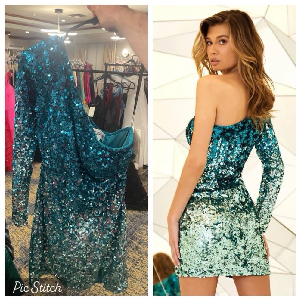 Sherri Hill Teal Sequin One Shoulder Dress
